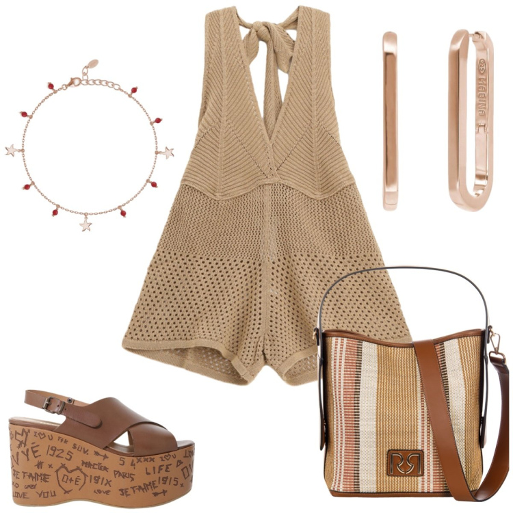 Outfit donna - Total look #2199369. Stile Casual per Tutti i giorni. Abbinamento con tute, zeppe, braccialetti con ciondoli, orecchini, borse a secchiello.