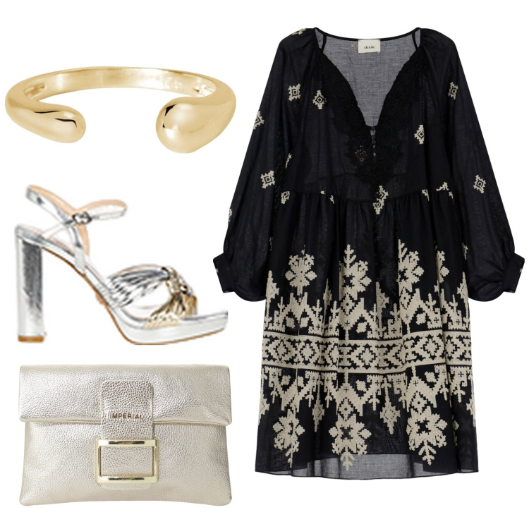 Outfit donna - Total look #2199375. Stile Etnico per Serata fuori. Abbinamento con pochette, vestiti, anelli, sandali in pelle.