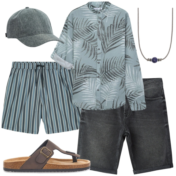 Outfit uomo - Beach to spritz. Stile Trendy per Mare. Abbinamento con cappelli, bermuda, camicie, collane, sandali, costumi.
