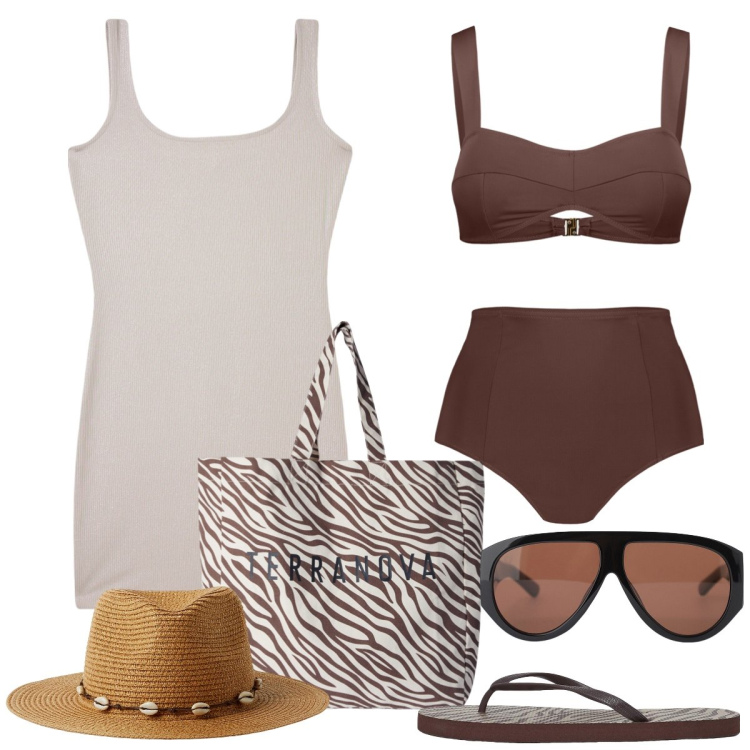 Outfit donna - Al mare. Stile Basic per Mare. Abbinamento con infradito, borse tote, vestiti corti, cappelli, occhiali da sole, bikini.