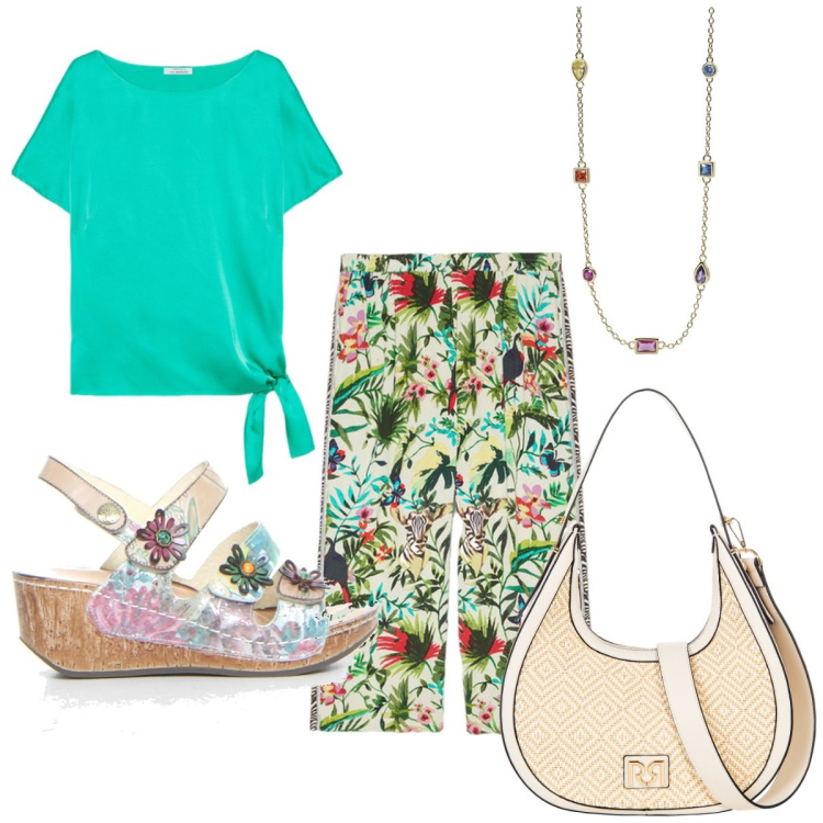 Outfit donna - Colori vivaci e tropicali. Stile Casual per Mare. Abbinamento con collane, borse a mano, bluse, pantaloni, sandali.