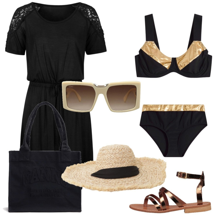 Outfit donna - In spiaggia. Stile Chic per Mare. Abbinamento con vestiti, bikini, infradito, occhiali da sole, cappelli, shopping bag.