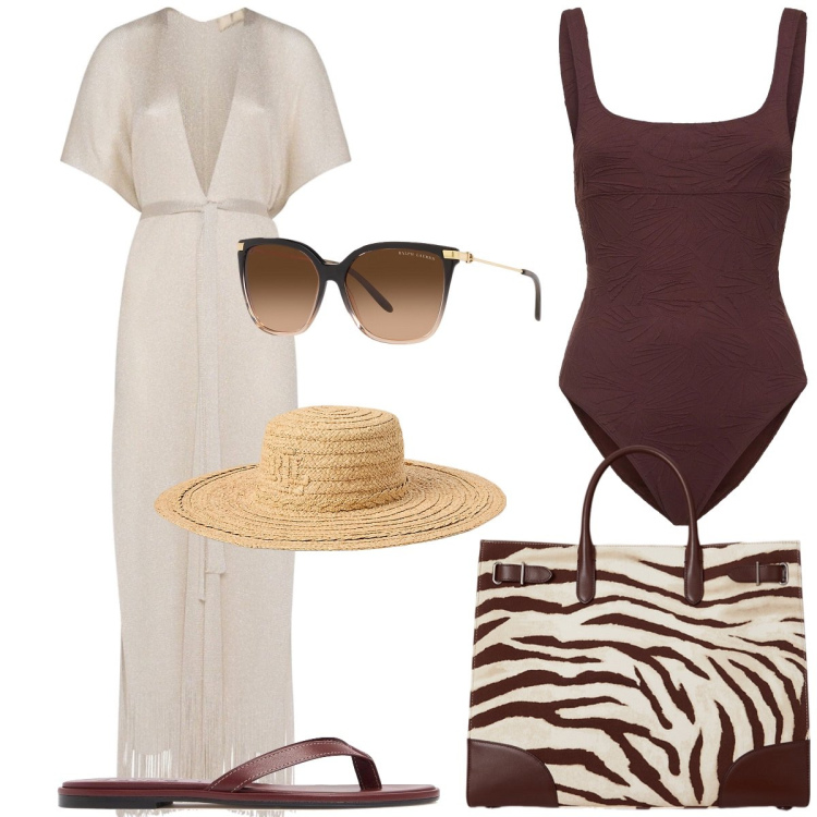 Outfit donna - In barca. Stile Chic per Mare. Abbinamento con borse tote, occhiali da sole, cappelli, vestiti da spiaggia, costumi interi, ciabatte.