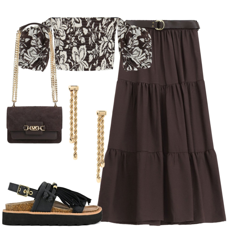 Outfit donna - Imperial. Stile Casual chic per Tutti i giorni. Abbinamento con borse a spalla, bluse, gonne lunghe, orecchini, sandali.