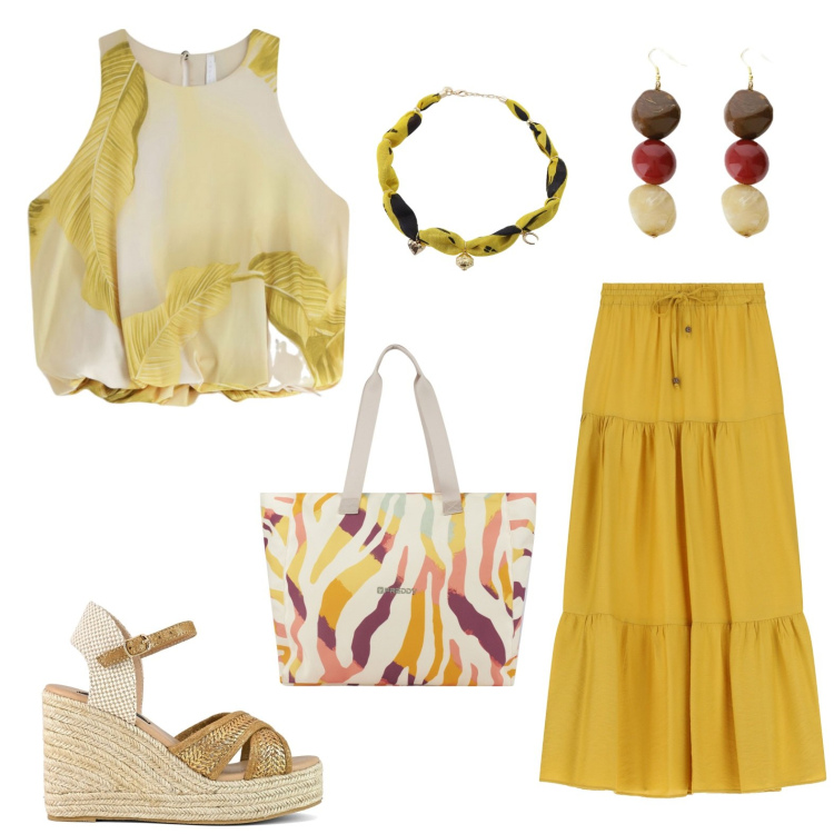 Outfit donna - Total look #2199399. Stile Boho per Tutti i giorni. Abbinamento con top, shopping bag, foulard, gonne lunghe, orecchini, zeppe.