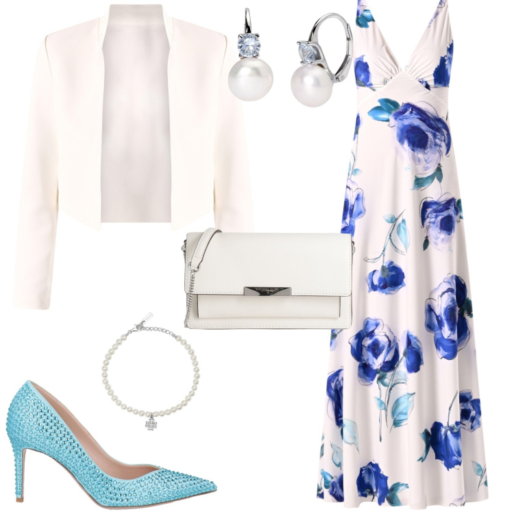 Outfit donna - Total look #2199400. Stile Bon Ton per Cerimonia. Abbinamento con décolleté, borse a tracolla, orecchini, braccialetti con ciondoli, vestiti lunghi, bolero.