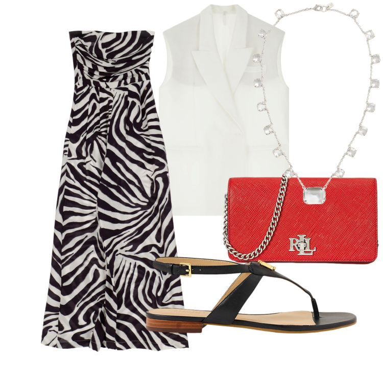 Outfit donna - Serata estiva. Stile Glamour per Serata fuori. Abbinamento con gilet, tute, borse a tracolla, sandali, collane.