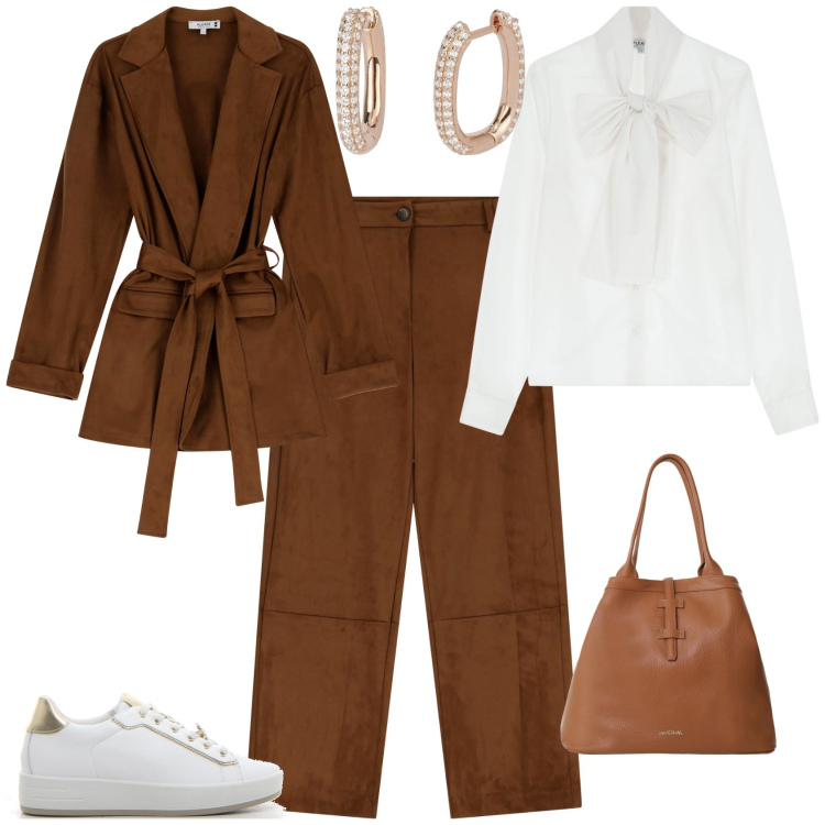 Outfit donna - Total look #2199415. Stile Trendy per Ufficio. Abbinamento con orecchini, pantaloni, camicie, blazer, borse tote, sneakers.