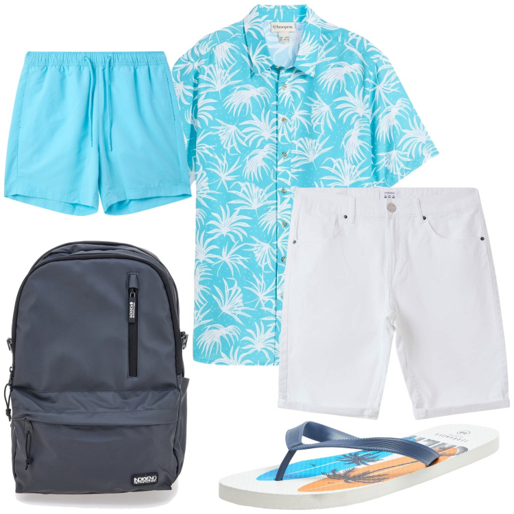 Outfit uomo - Total look #2199417. Stile Casual per Mare. Abbinamento con camicie a manica corta, sandali, bermuda, costumi, borse sportive.