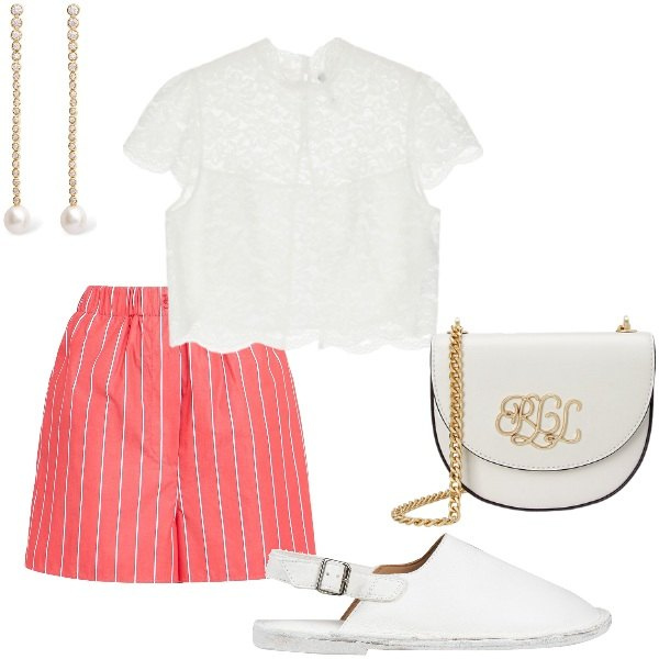 Outfit donna - A cena fuori. Stile Glamour per Serata fuori. Abbinamento con ballerine, top, borse a tracolla, orecchini, shorts.