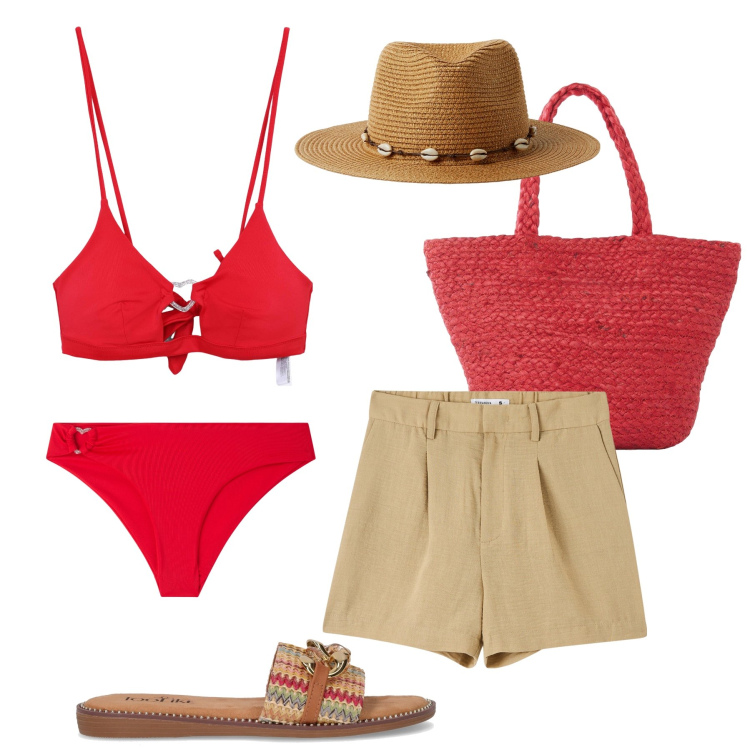 Outfit donna - Colorata bikini rosso - @nike75. Stile Trendy per Mare. Abbinamento con shopping bag, bikini, bermuda, bikini, cappelli, ciabatte.