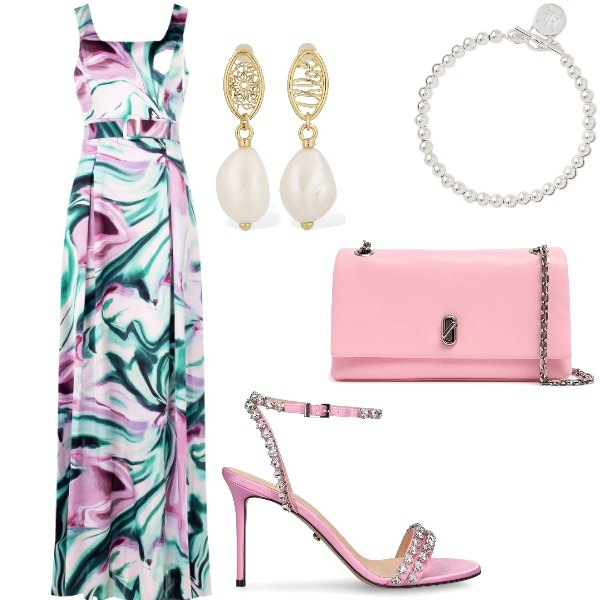 Outfit donna - Matrimonio di sera. Stile Glamour per Cerimonia. Abbinamento con vestiti lunghi, braccialetti, orecchini, pochette, sandali in pelle.