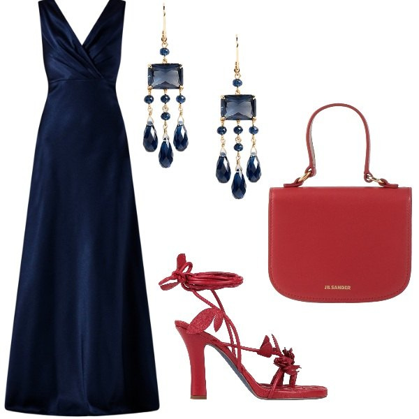 Outfit donna - Matrimonio di sera. Stile Glamour per Cerimonia. Abbinamento con borse a mano, sandali in pelle, vestiti lunghi, orecchini.