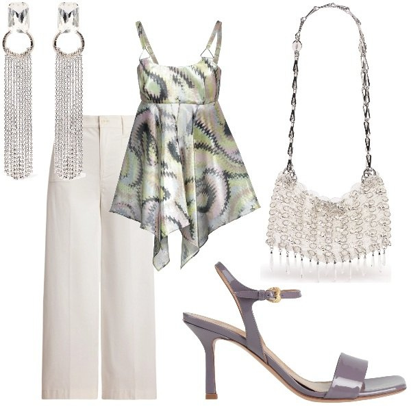 Outfit donna - Cerimonia tra intimi. Stile Glamour per Serata fuori. Abbinamento con top, sandali in pelle, pantaloni, borse a spalla, orecchini.