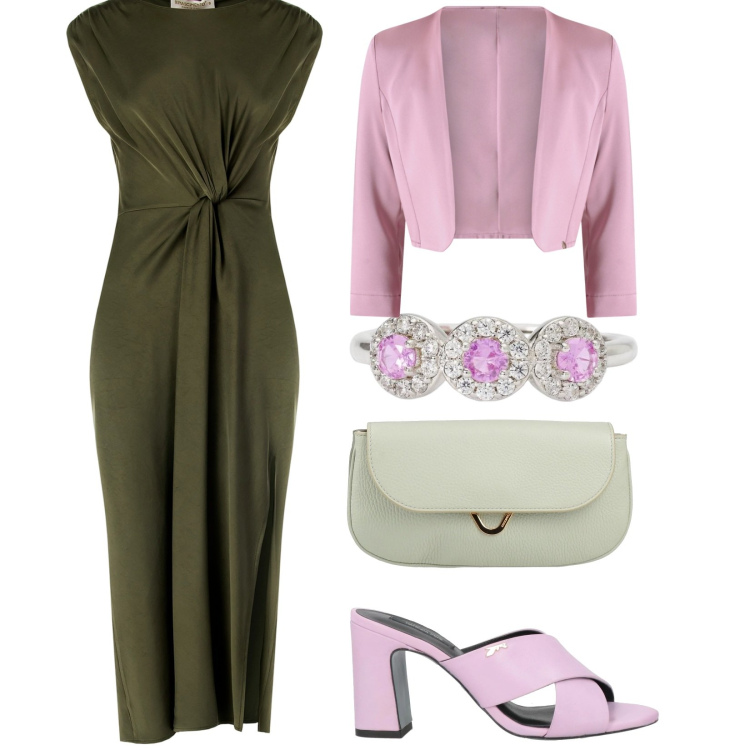 Outfit donna - Total look #2199439. Stile Bon Ton per Serata fuori. Abbinamento con sandali in pelle, borse a mano, anelli, bolero, vestiti midi/longuette.