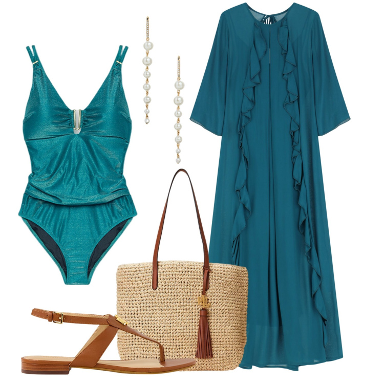 Outfit donna - Il carattere del verde petrolio. Stile Glamour per Mare. Abbinamento con vestiti lunghi, borse tote, orecchini, sandali, costumi interi.