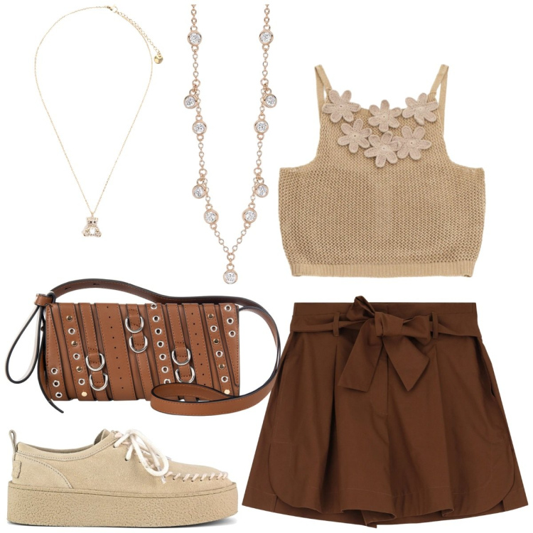 Outfit donna - Turchia da turista. Stile Casual per Tutti i giorni. Abbinamento con collane, borse a spalla, shorts, top, ciondoli, mocassini.