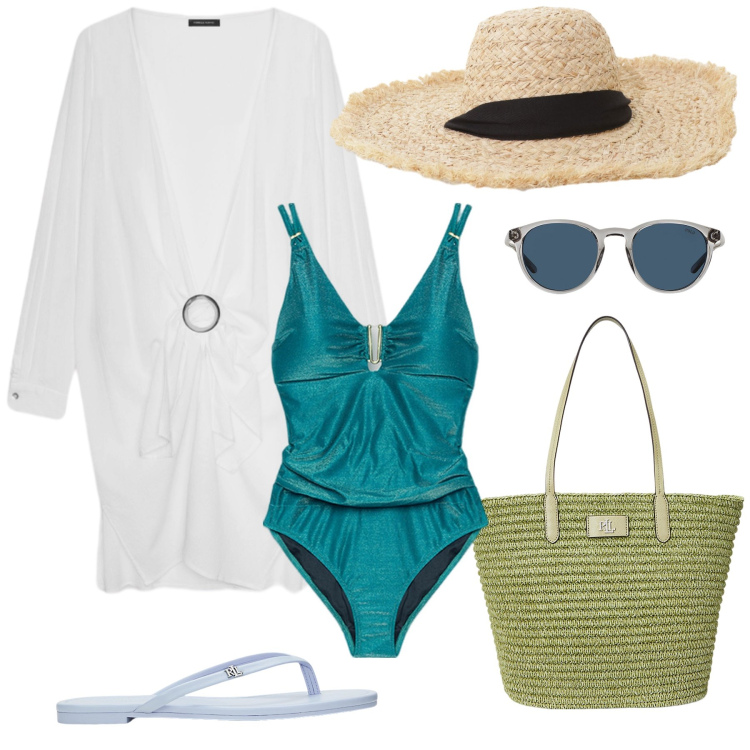 Outfit donna - Donna. Stile Casual chic per Mare. Abbinamento con cappelli, occhiali da sole, borse tote, ciabatte, costumi interi, vestiti da spiaggia.