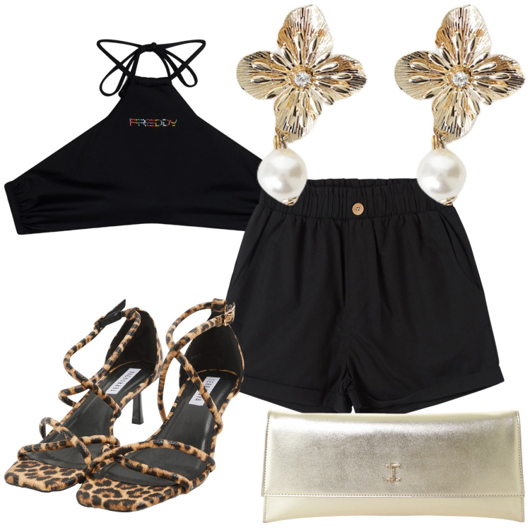 Outfit donna - Dal mattino alla sera perfetta al mare. Stile Sexy per Mare. Abbinamento con pantaloni corti, sandali col tacco, pochette, orecchini, bikini.