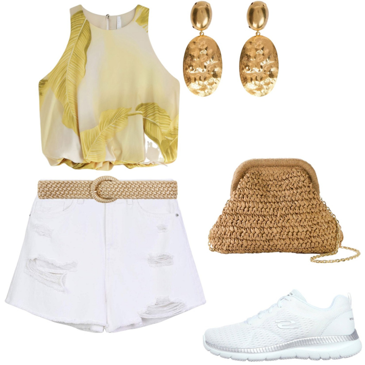 Outfit donna - Top con stampa tropicale. Stile Casual per Tutti i giorni. Abbinamento con borse a tracolla, cinture, shorts, top, sneakers, orecchini.