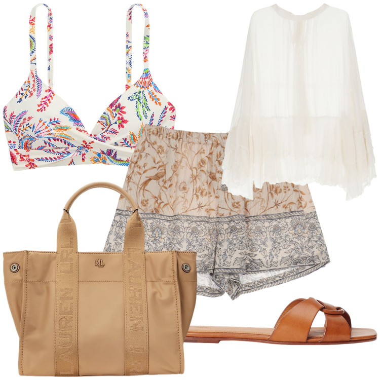 Outfit donna - Scendo in spiaggia con classe. Stile Chic per Mare. Abbinamento con camicie, shorts, borse tote, bikini, ciabatte.