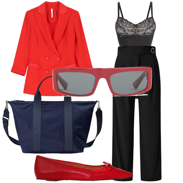 Outfit donna - Body top. Stile Urban per Ufficio. Abbinamento con body, pantaloni a palazzo, blazer, borse tote, ballerine, occhiali da sole.