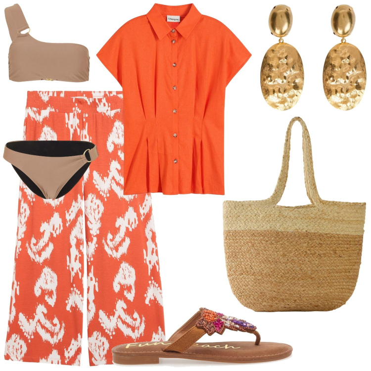 Outfit donna - Fun beach. Stile Casual per Mare. Abbinamento con pantaloni, bluse, bikini, shopping bag, infradito, orecchini.