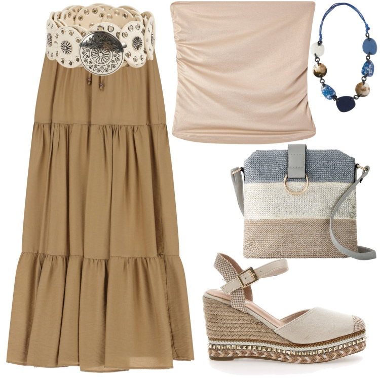Outfit donna - Total look #2199532. Stile Boho per Tutti i giorni. Abbinamento con borse a tracolla, cinture, top, gonne lunghe, zeppe, collane.