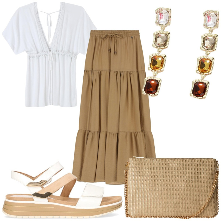 Outfit donna - Viaggio in Turchia: colori della sabbia. Stile Etnico per Tutti i giorni. Abbinamento con borse a tracolla, caftani, orecchini, gonne lunghe, sandali.