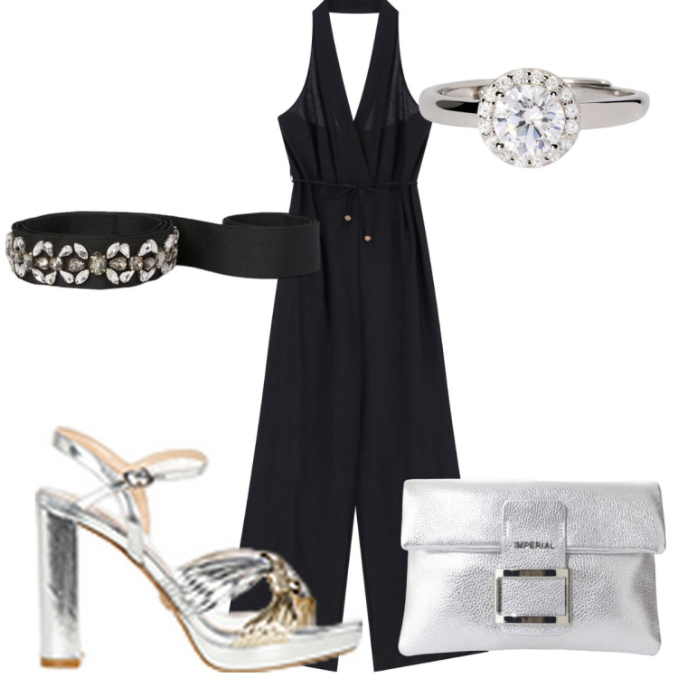 Outfit donna - Jumpsuit glamour a luglio. Stile Glamour per Serata fuori. Abbinamento con anelli, sandali in pelle, pochette, tute, cinture.