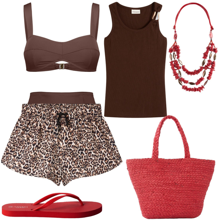 Outfit donna - Infradito e borsa mare in rosso. Stile Casual per Mare. Abbinamento con top, shopping bag, shorts, infradito, bikini, collane.