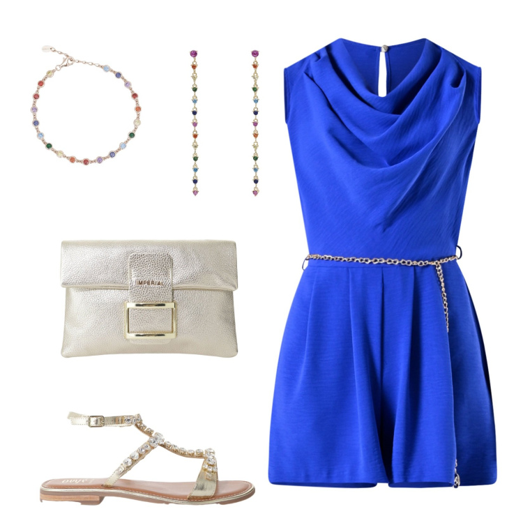 Outfit donna - La tuta elegante. Stile Casual chic per Serata fuori. Abbinamento con pochette, sandali, orecchini, braccialetti, tuta corta.