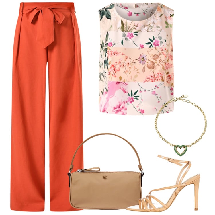 Outfit donna - Arancione d\' estate. Stile Casual chic per Cerimonia. Abbinamento con pantaloni, sandali col tacco, top, braccialetti, pochette.