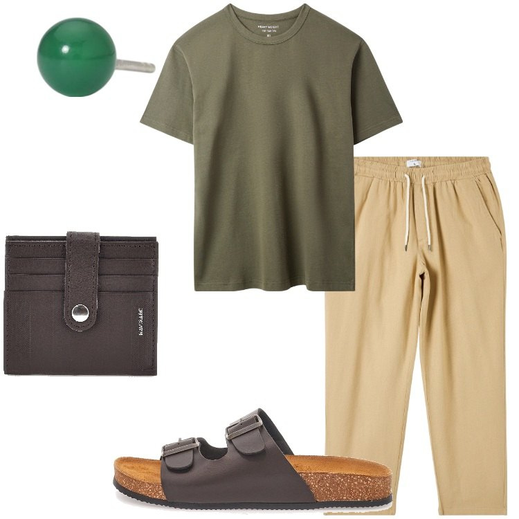 Outfit uomo - Pantaloni coulisse comodo. Stile Casual per Tutti i giorni. Abbinamento con pantaloni, t-shirt, orecchini, portafogli, sandali.