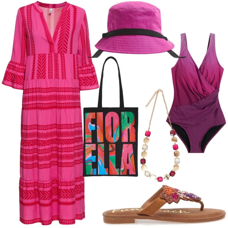 Outfit donna - Chic al mare. Stile Casual per Mare. Abbinamento con vestiti lunghi, costumi interi, cappelli, infradito, borse tote, collane.