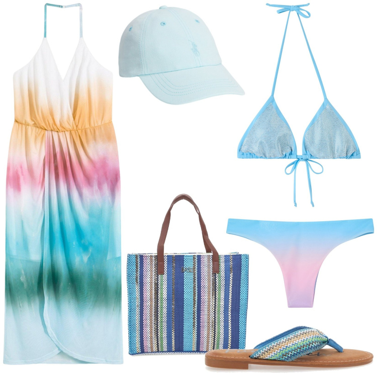 Outfit donna - Mare multicolor. Stile Trendy per Mare. Abbinamento con vestiti lunghi, bikini, bikini, cappelli, infradito, shopping bag.