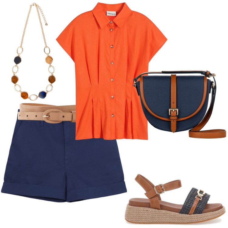 Outfit donna - Pantaloncini per un\'estate chic. Stile Sporty chic per Tutti i giorni. Abbinamento con bluse, cinture, pantaloni corti, borse a tracolla, sandali, collane.