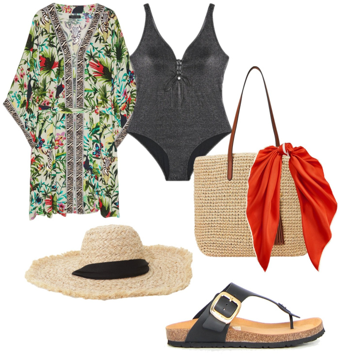 Outfit donna - In costume. per Mare. Abbinamento con cappelli, borse tote, foulard, costumi interi, infradito, caftani.