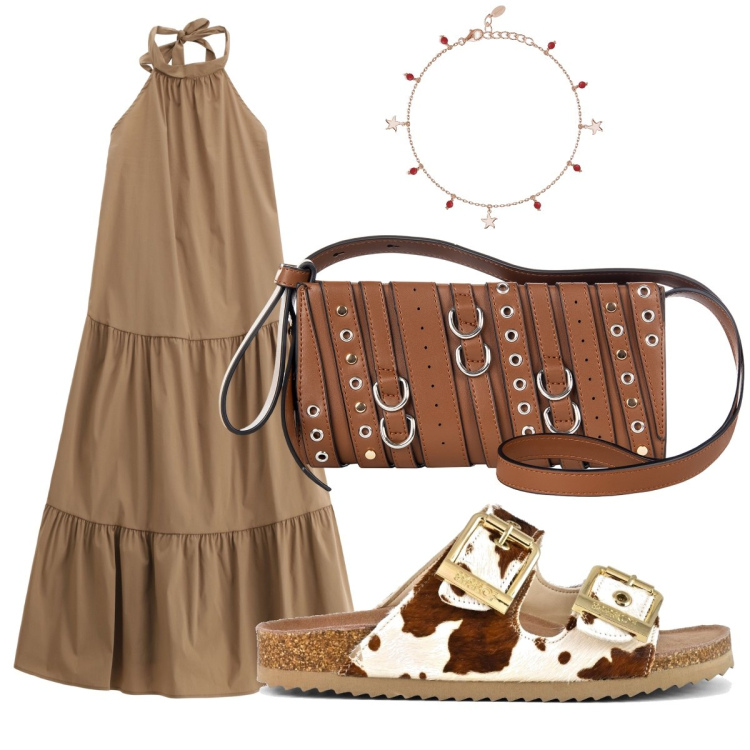 Outfit donna - Passeggiata ad Instanbul. Stile Boho per Tutti i giorni. Abbinamento con braccialetti con ciondoli, borse a spalla, vestiti midi/longuette, sandali in pelle.