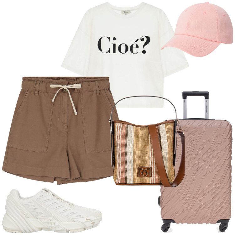 Outfit donna - Viaggio con stile. Stile Urban per Tutti i giorni. Abbinamento con sneakers, t-shirt, shorts, borse a secchiello, cappelli, valigie.