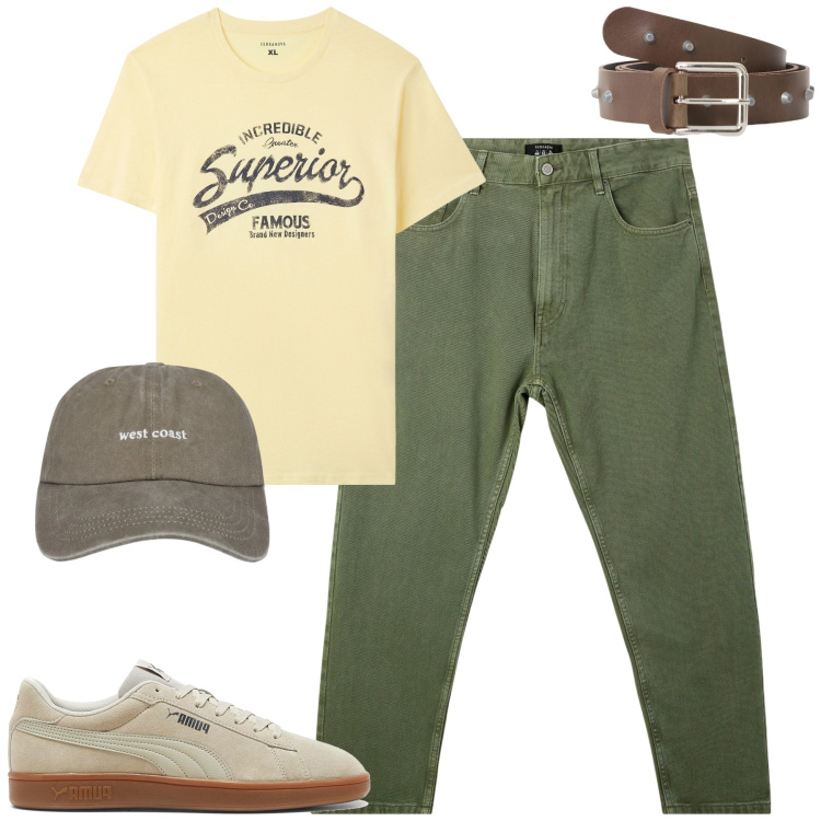 Outfit uomo - Giallo chiaro e verde oliva. Stile Casual per Tutti i giorni. Abbinamento con pantaloni, cappelli, t-shirt, cinture, sneakers.