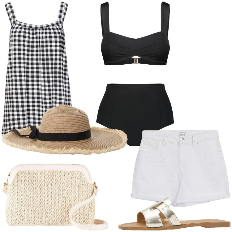 Outfit donna - In costume, con carattere. Stile Vintage retrò per Mare. Abbinamento con top, ciabatte, borse a tracolla, shorts, cappelli, bikini.