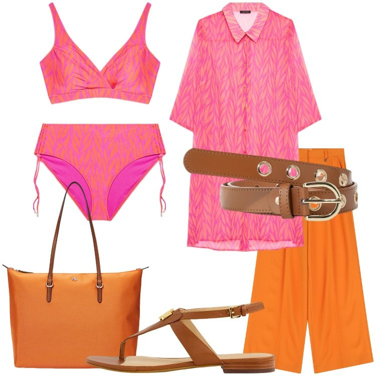 Outfit donna - In costume, con carattere. Stile Trendy per Mare. Abbinamento con cinture, pantaloni, borse tote, sandali, bikini, caftani.