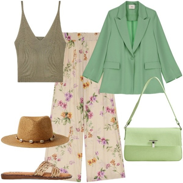 Outfit donna - Viaggio in Turchia. Stile Chic per Tutti i giorni. Abbinamento con borse a spalla, top, cappelli, pantaloni, blazer, ciabatte.
