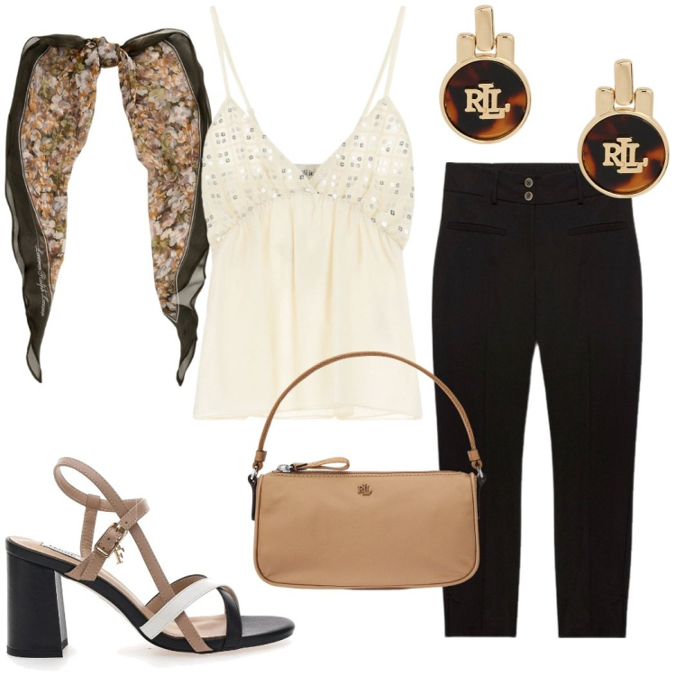 Outfit donna - Cena fuori. Stile Chic per Serata fuori. Abbinamento con top, foulard, orecchini, pochette, pantaloni, sandali col tacco.