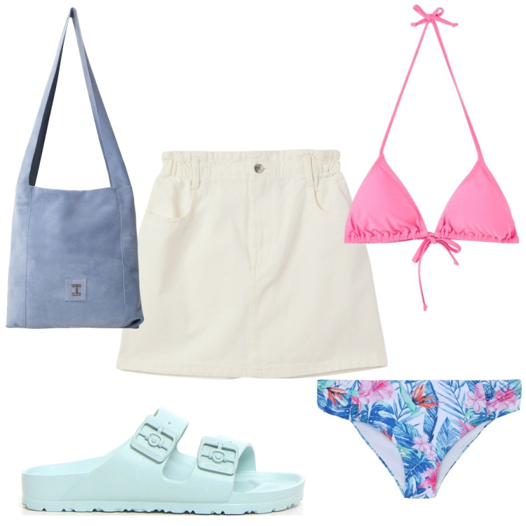Outfit donna - Costumi colorati: al mare in allegria. Stile Trendy per Mare. Abbinamento con minigonne, bikini, bikini, borse a tracolla, ciabatte.