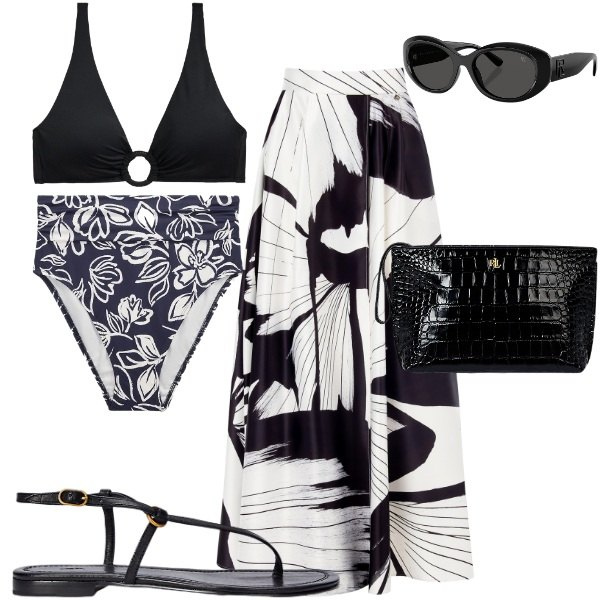 Outfit donna - In costume, con carattere. Stile Chic per Mare. Abbinamento con gonne lunghe, occhiali da sole, pochette, bikini, sandali in pelle, bikini.
