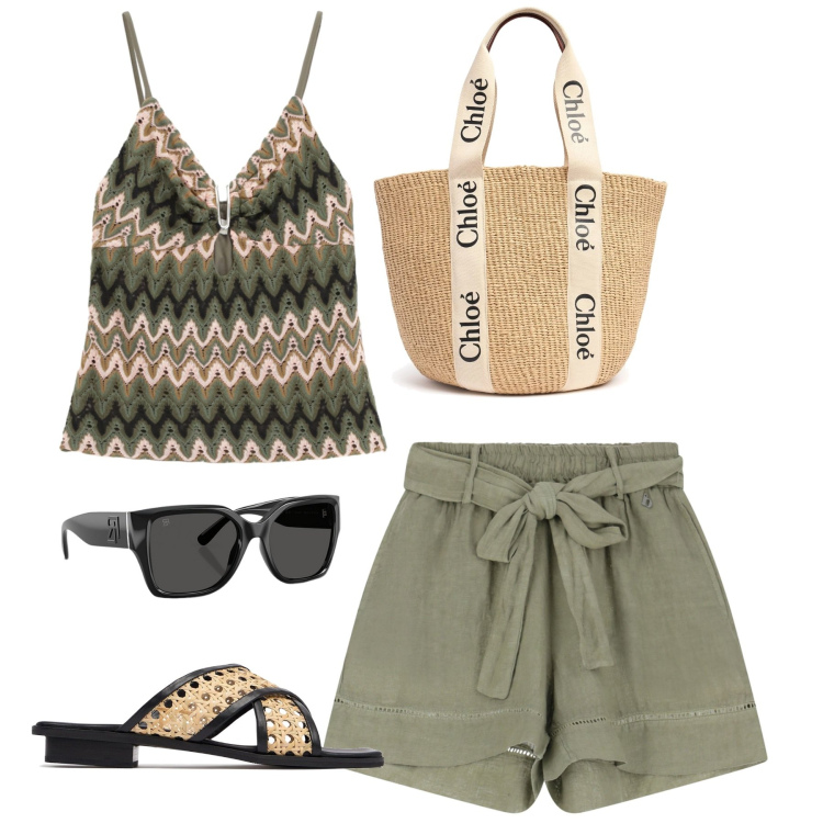 Outfit donna - Fresca e comoda. Stile Bon Ton per Tutti i giorni. Abbinamento con shorts, top, occhiali da sole, shopping bag, sandali in pelle.