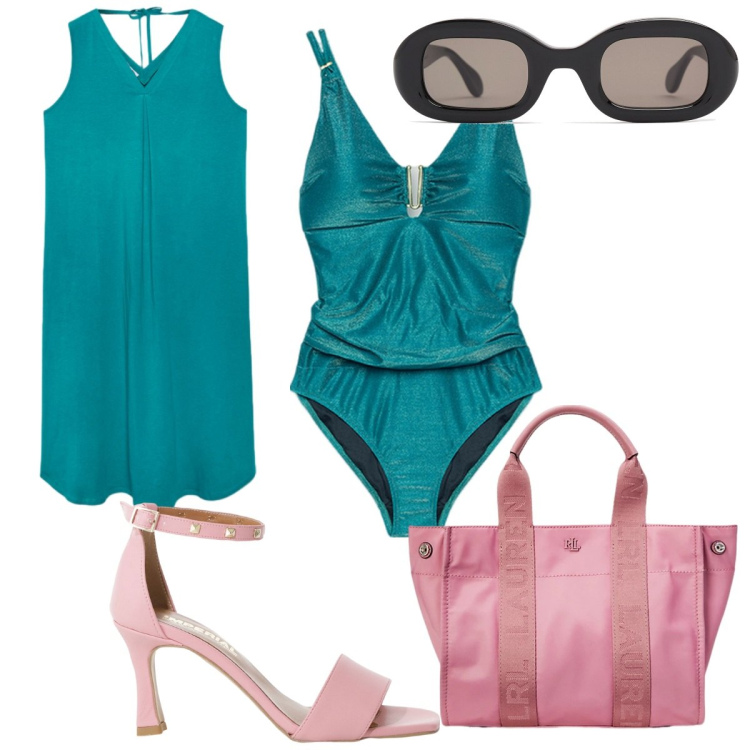 Outfit donna - Costumi colorati: verde smeraldo. Stile Trendy per Mare. Abbinamento con sandali col tacco, borse tote, costumi interi, vestiti midi/longuette, occhiali da sole.