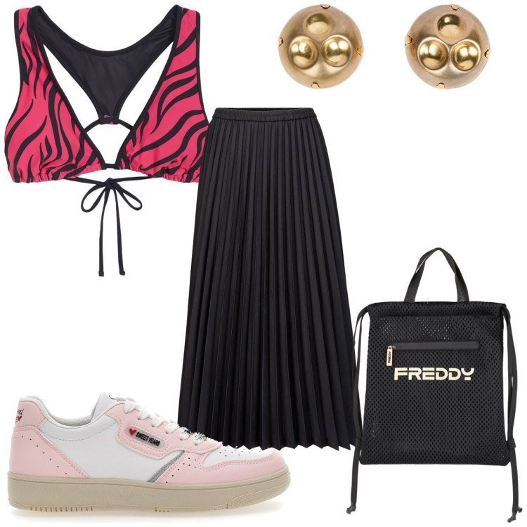Outfit donna - Total look #2199644. Stile Sporty chic per Mare. Abbinamento con zaini, bikini, gonne longuette, sneakers, orecchini.